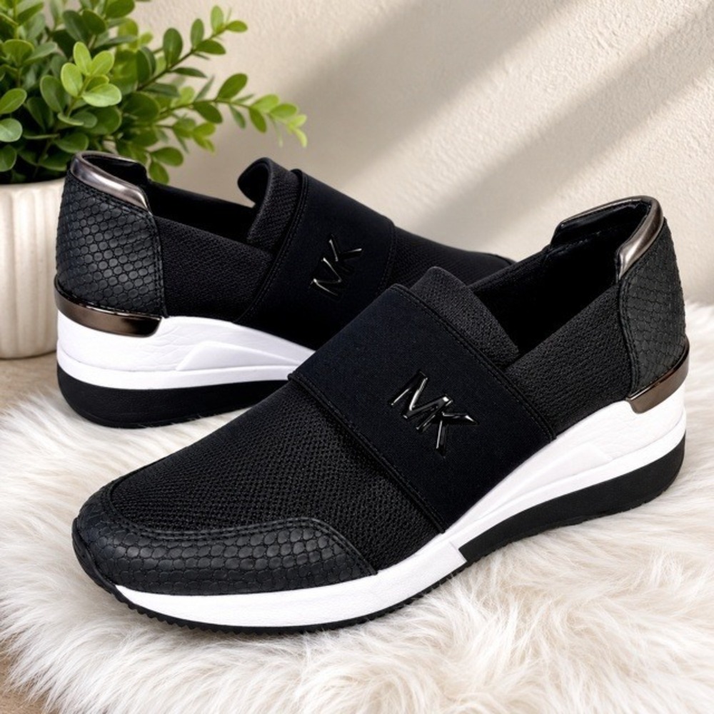 Michael Kors Felix Trainer Wedge Sneakers Black Slip On Women 6.5